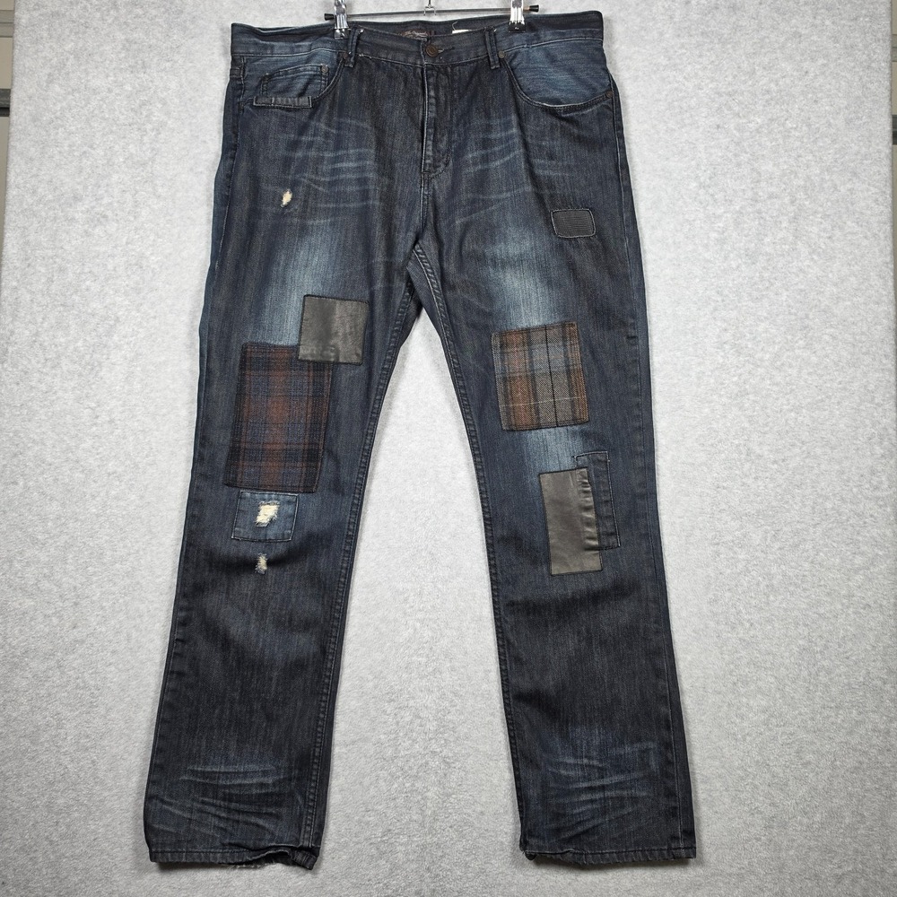 Black Brown Denim Jeans Mens Size 38x32 Dark Wash Trim Fit Patch Work Whiskers